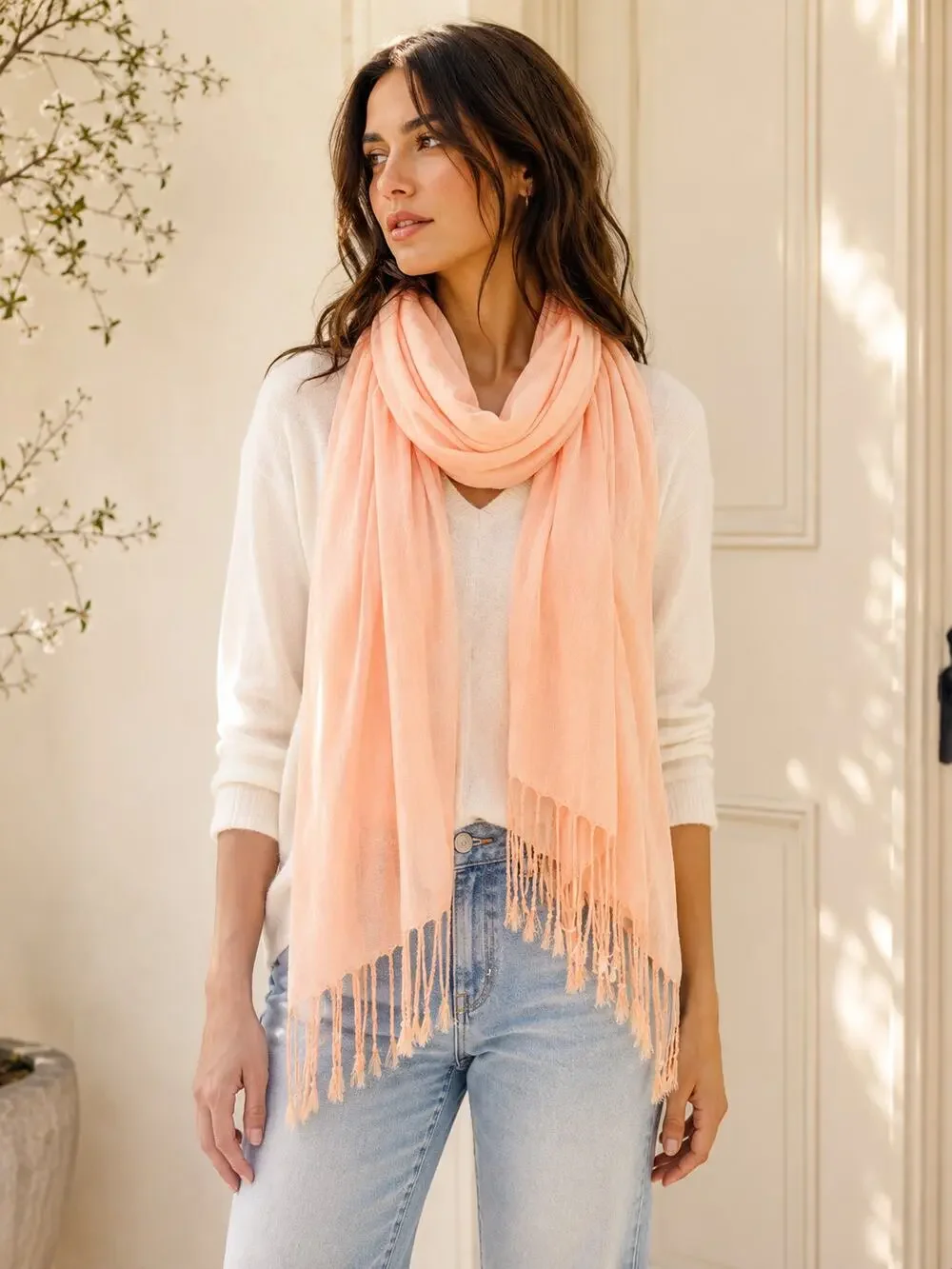 Pashmina Scarf Shawl Peach Blush Lightweight Wrap Tassel Fringe Soft New